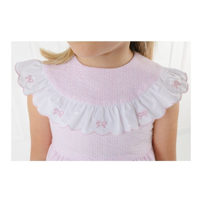Sal & Pimenta Girls Pink Seersucker Dress - Scallop Collar with Embroidered Bows