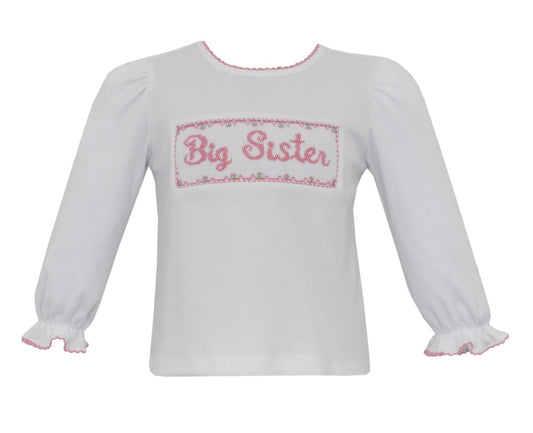 Anavini Velani Toddler Girls White Top - Pink Smocked Big Sister by Anavini
