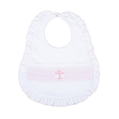 Magnolia Baby Girls Blessed Pink Smocked Cross Ruffle Bib