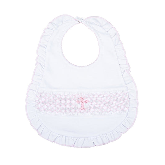 Magnolia Baby Girls Blessed Pink Smocked Cross Ruffle Bib