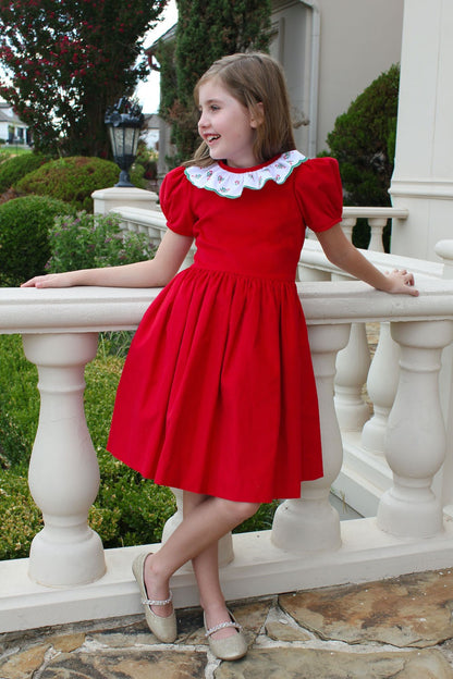 Susanne Lively Girls Red Corduroy Christmas Dress - Embroidered Candy Cane Ruffle Collar