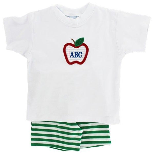Bailey Boys Toddler Knit Shorts Set - Green Stripes with School Apple Shirt