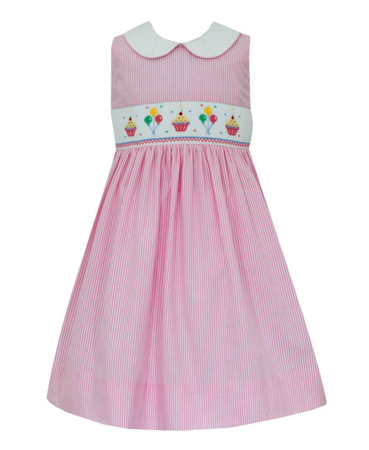 Anavini Velani Girls Pink Stripe Seersucker Smocked Birthday Dress - Sleeveless by Anavini