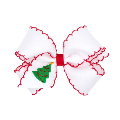 Wee Ones Girls White Hair Bow - Red Moonstitch - Embroidered Christmas Tree
