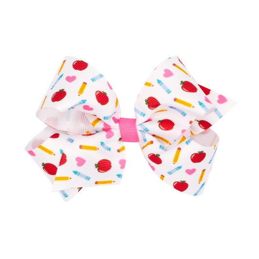 Wee Ones Girls Hair Bow on Clip - Back to School - Pencil & Apple Print
