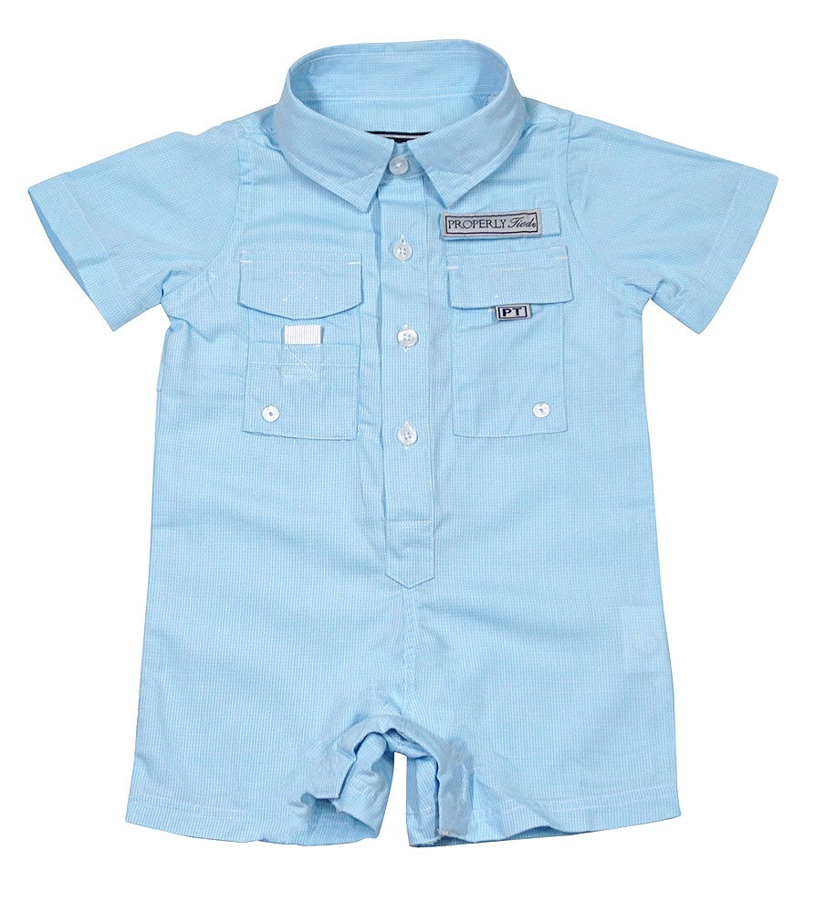 Properly Tied Baby Boys Fishing Shirt Style Shortall Romper - Aqua Blue