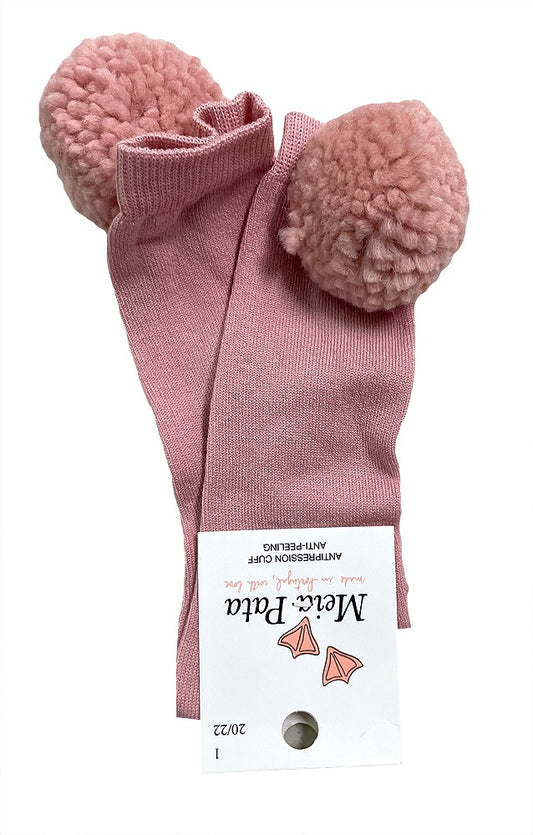 Meia Pata Girls Knee High Socks - Fluffy Pom Poms - Pink