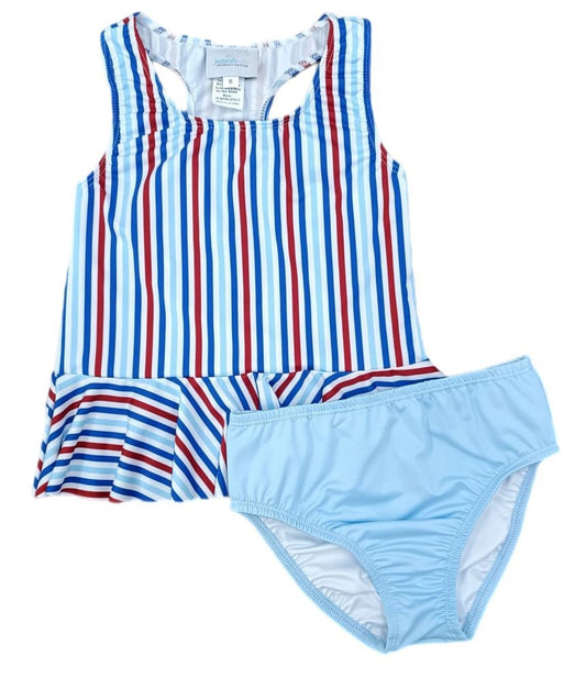 James & Lottie Girls Collette Peplum Swim Set - Patriotic Stripes