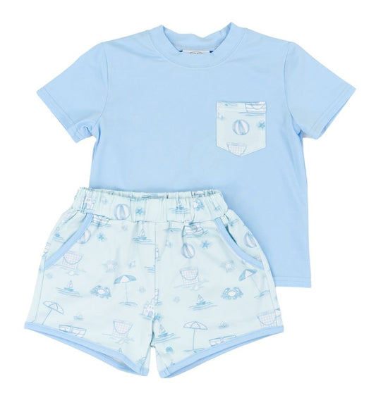 Cypress Row Boys Blue Shorts Set - Seacrest Blue Beach Scene