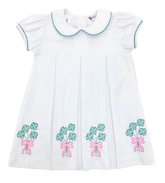 The Best Dressed Child Girls Dana Pleat Dress - White with Green Clover Balloons