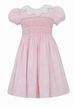 Anavini Couture Girls Pink Gingham Seersucker Dress - Scallop Collar - Fully Smocked Bodice