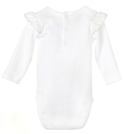 Luli & Me Baby Girls White Flutter Sleeve Onesie - Blue Embroidery