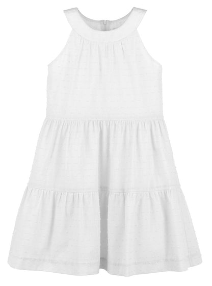 Luli & Me Girls Dotted Swiss Tiered Dress - Hepburn Neckline - White