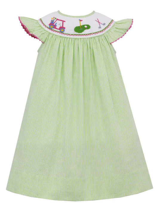 Anavini Baby / Toddler Girls Green Stripe Seersucker Smocked Golf Theme Dress