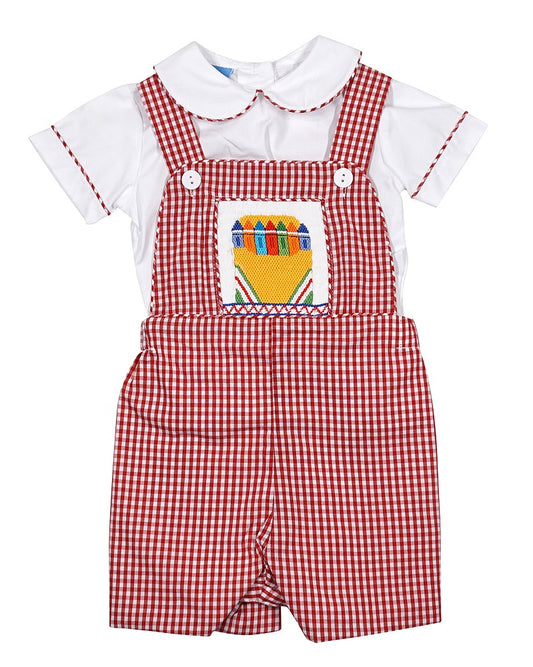 Anavini Boys Red Check Back to School Shortall with Shirt - Smocked Crayons