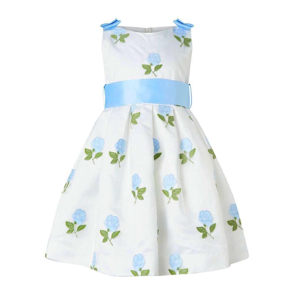 Rachel Riley Girls Blue Roses Embroidered Organza Party Dress