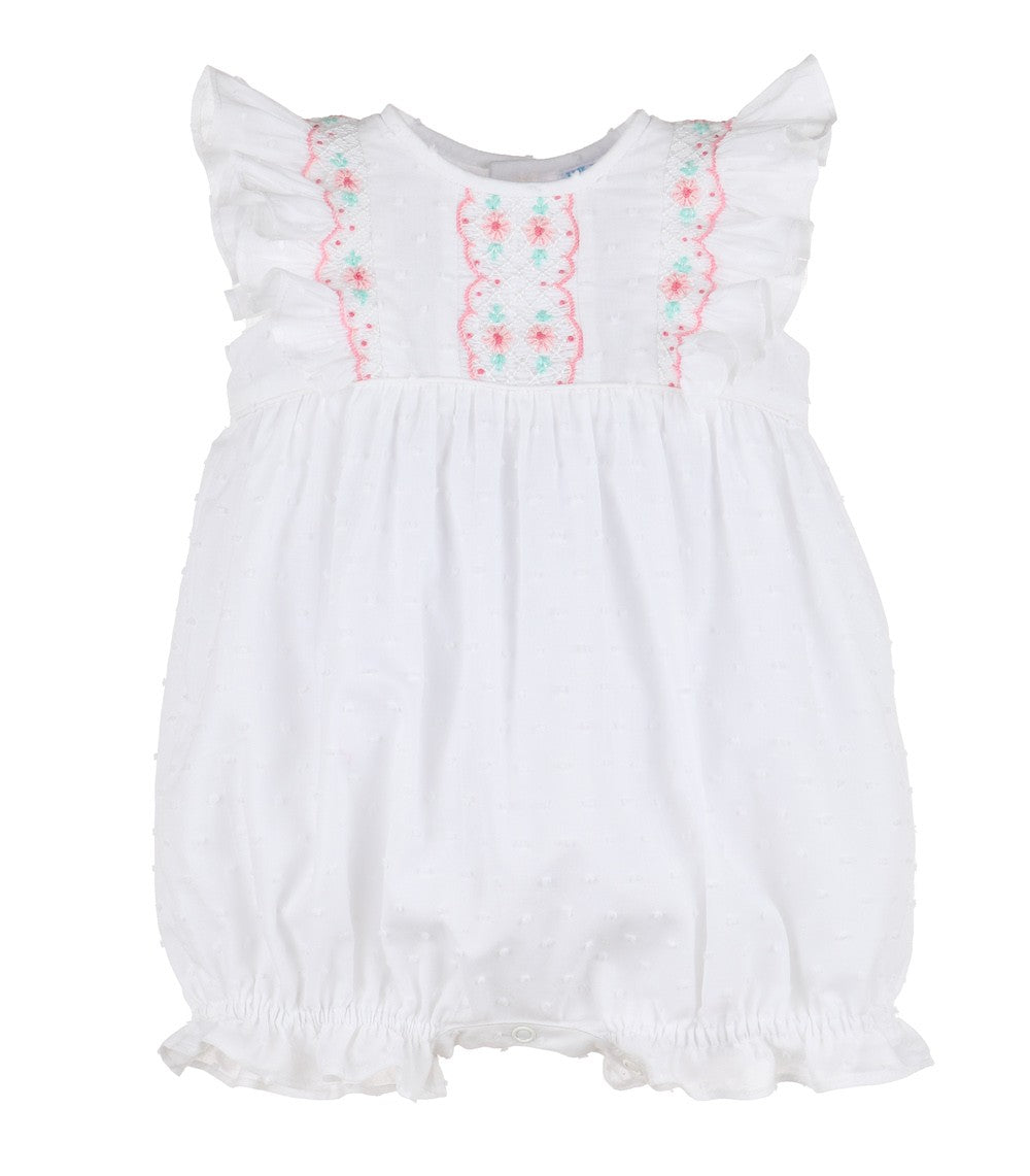 Luli & Me Baby Girls Dotted Swiss Smocked Bubble - White with Pink Trim