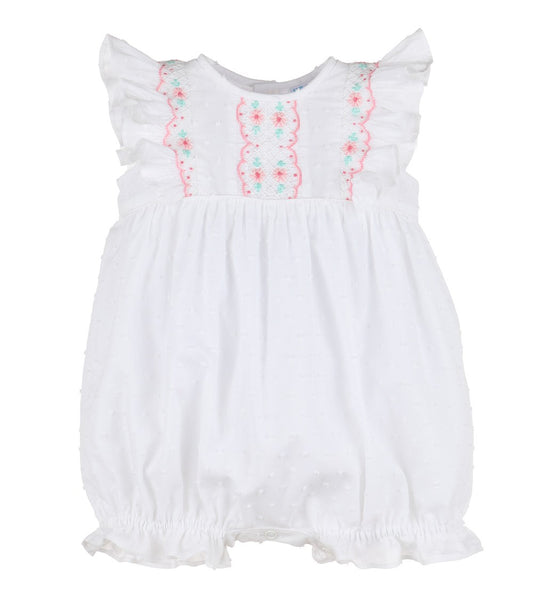 Luli & Me Baby Girls Dotted Swiss Smocked Bubble - White with Pink Trim by Luli & Me