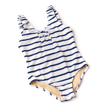 Shade Critters Girls One Piece Swimsuit - Blue Nautical Stripe Lace Up