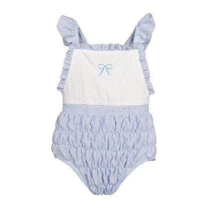 Sal & Pimenta Girls Seersucker Frilled Swimsuit - Embroidered Bow & Bow on Back - Blue