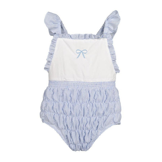 Sal & Pimenta Girls Seersucker Frilled Swimsuit - Embroidered Bow & Bow on Back - Blue