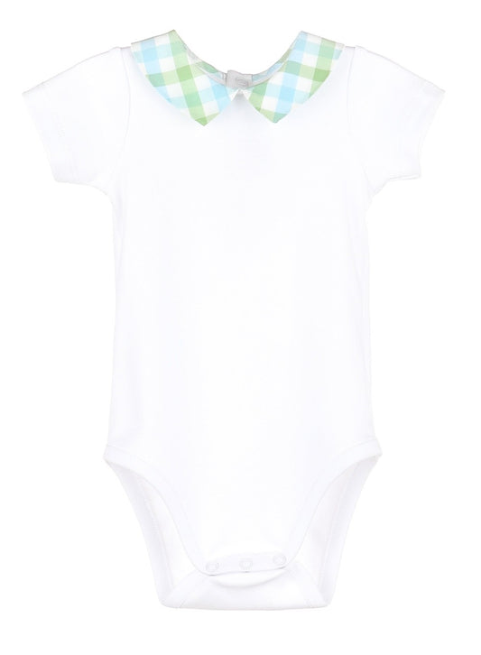 Sophie & Lucas Boys White Onesie with Blue & Green Check Collar