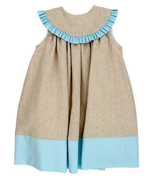 The Bailey Boys Baby / Toddler Girls Oyster Tan Linen Blend Float Dress - Blue Trim