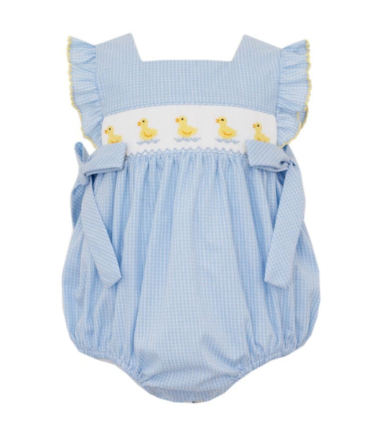 Petit Bebe Baby Girls Blue Check Bubble with Side Bows - Smocked Ducks