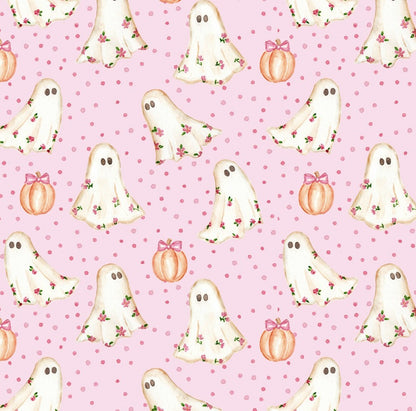 James & Lottie Girls Loren Drop Waist Dress - Pink Halloween Ghosts