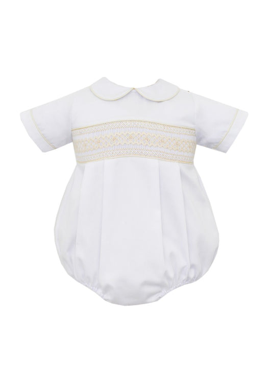 Anavini Baby Boys White Pique Bubble with Collar - Smocked in Ecru