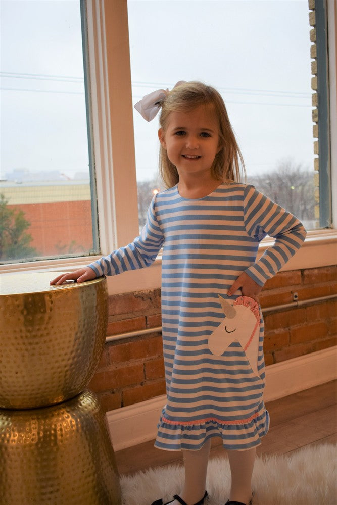 Funtasia Too Girls Blue Stripe Knit Dress - Applique Unicorn