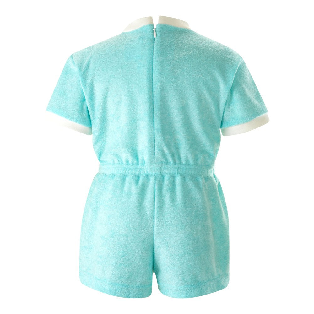 Rachel Riley London Girls Bow Terry Toweling Playsuit Romper - Aqua