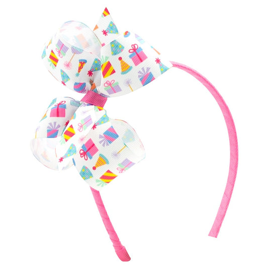 Wee Ones Girls Bow on Headband - Pink Birthday Party Print