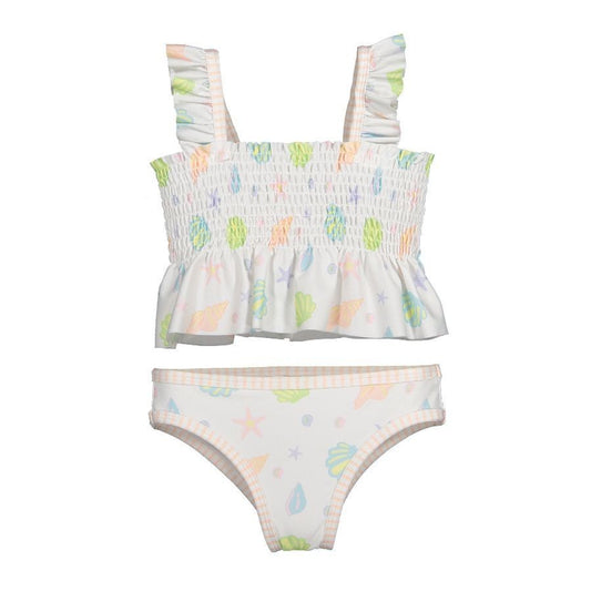 Sal & Pimenta Girls Smocked Bikini Swimsuit - Seashells