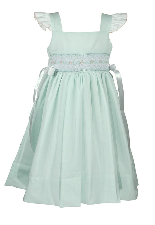 The Best Dressed Child Girls Smocked Dress - Flutter Sleeves & Side Bows - Pastel Mint Green