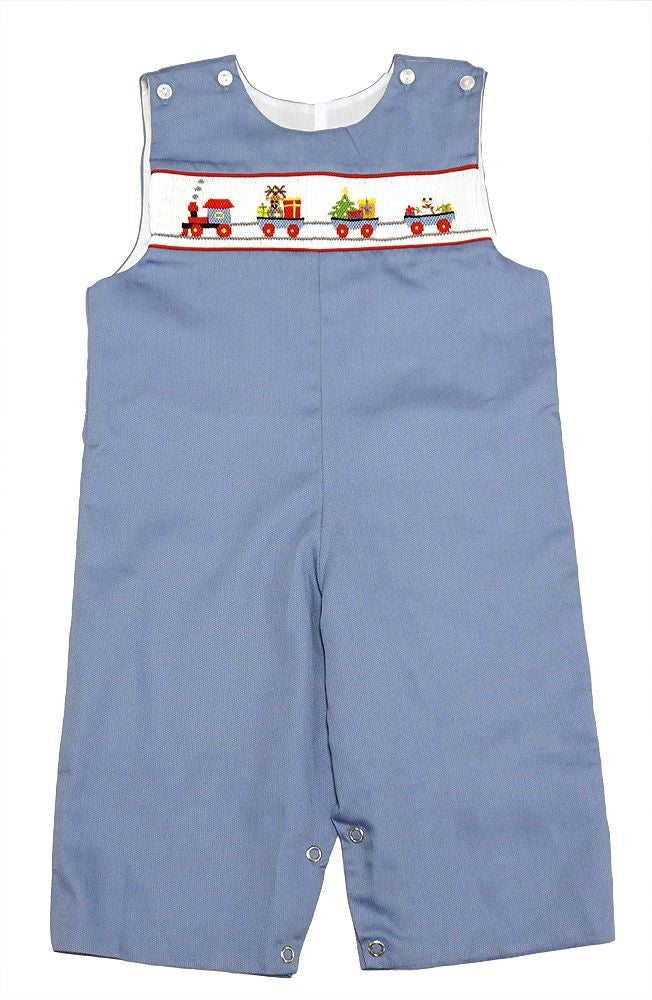 LuLu BeBe Boys Blue Smocked Christmas Train Longall