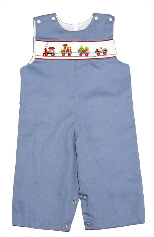 LuLu BeBe Boys Blue Smocked Christmas Train Longall