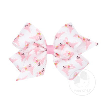 Wee Ones Girls Hair Bow - Pink Easter Bunnies Print on White