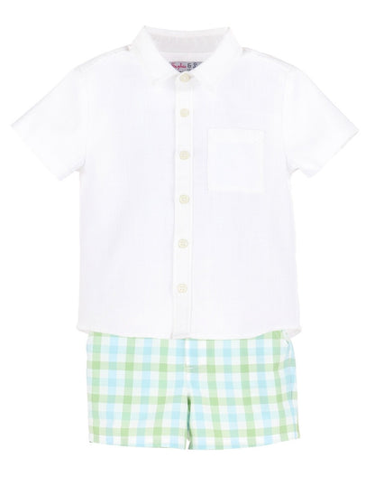Sophie & Lucas Boys Short Set - Blue & Green Plaid Shorts with Shirt