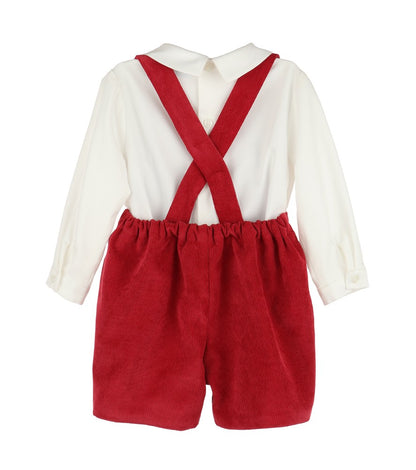 Luli & Me Boys Winterberry Cord Suspender Shorts Set - Red