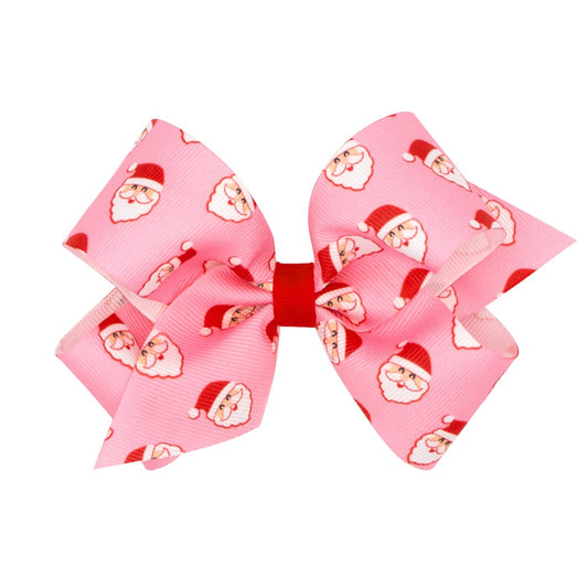 Wee Ones Girls Christmas Hair Bow - Santa Claus Print on Pink