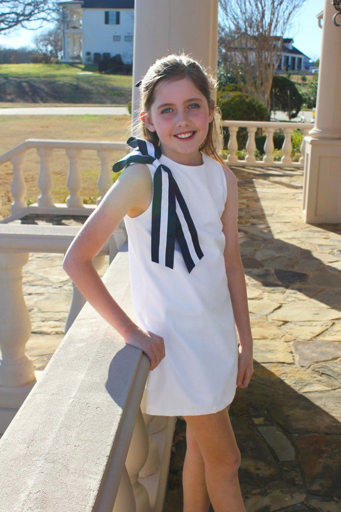 Susanne Lively Girls Sleeveless White Dress - Navy Blue Nautical Bow at Shoulder