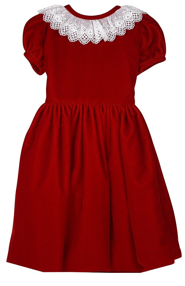 Susanne Lively Girls Velvet Christmas Dress - Lace Collar - Rich Red