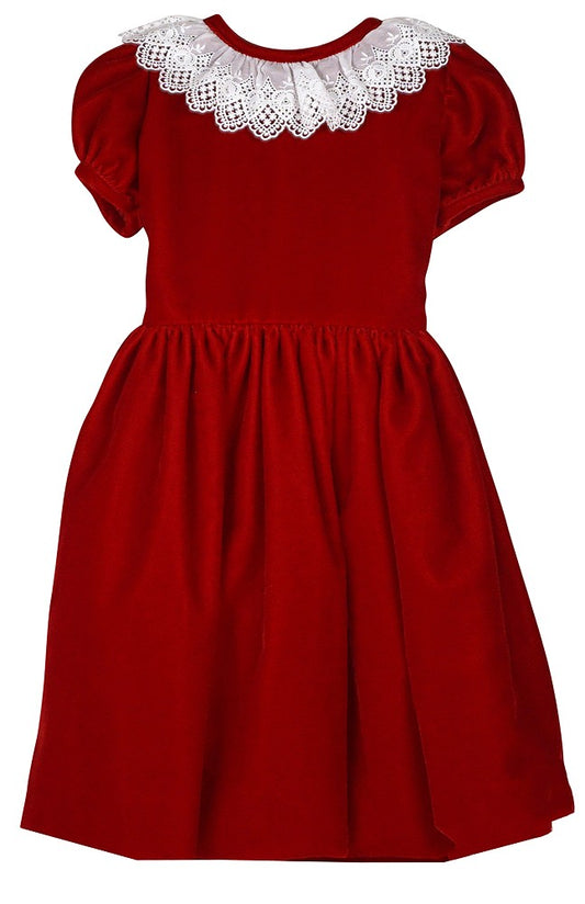 Susanne Lively Girls Velvet Christmas Dress - Lace Collar - Rich Red