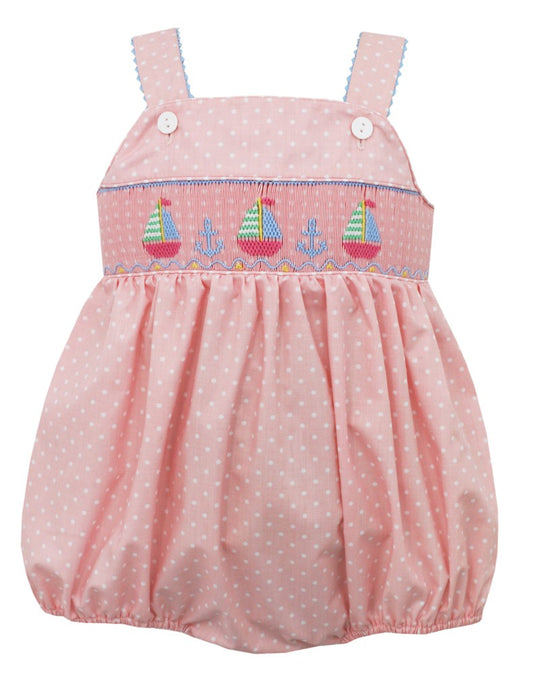 Anavini Baby Girls Coral / White Dots Smocked Sailboats Bubble