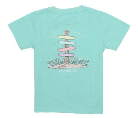 Properly Tied T-Shirt - Logo Pocket on Front - Back Graphic - Beach Signs on Seafoam Green