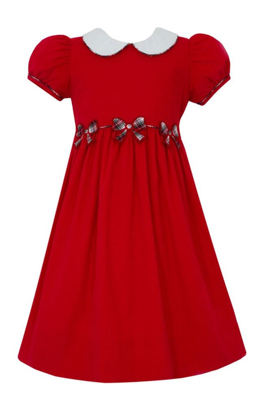 Claire & Charlie Girls Red Corduroy Dress with Holiday Plaid Bows