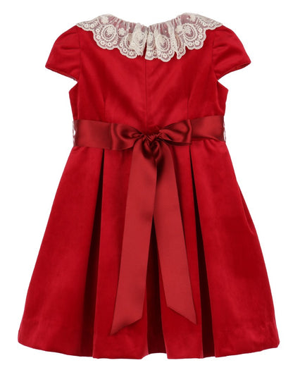 Luli & Me Girls Luxe Velvet Christmas Dress - Lace Collar - Ribbon Sash - Red