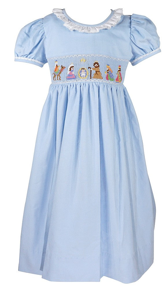 Anavini Girls Light Blue Corduroy Smocked Nativity Dress - Ruffle Collar & Sash