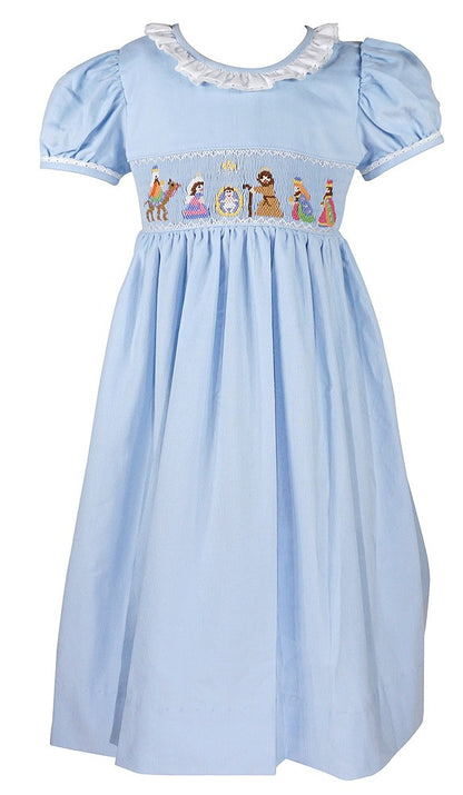Anavini Girls Light Blue Corduroy Smocked Nativity Dress - Ruffle Collar & Sash